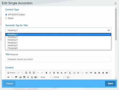 Accordion editing in WYSIWYG editor